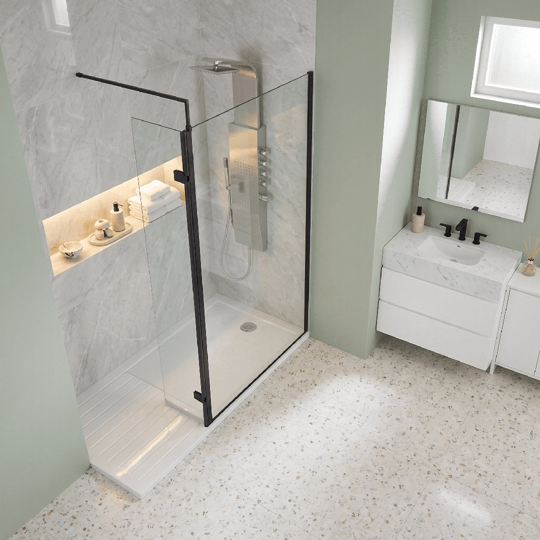Nuie Matt Black Wetroom Swing Screen With Fittings | | Glass/Aluminium | 300Mm X 1850Mm - Image 2