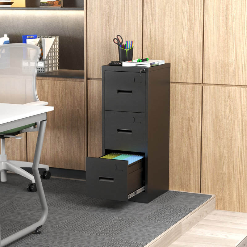 3 Drawer Metal Vertical File Cabinet With Lock And Card Slot Office Home Vertical File Cabinet For A4 Legal/Letter Size Narrow File Cabinet Locked,Assembly Required (Black), Cabinet