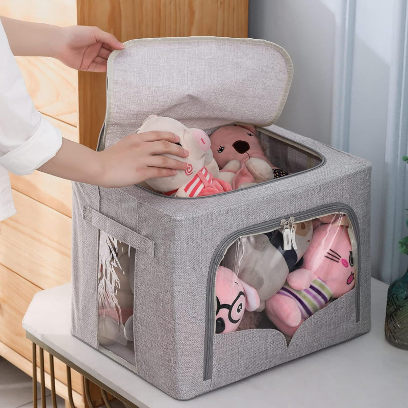 3 Pack Clothes Storage Bins Foldable Metal Frame Storage Box Stackable Linen Fabric Organizer Set With Carrying Handles And Clear Window