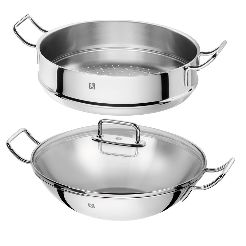 Wok 3 pièces en acier inoxydable 18/10 avec cuiseur à vapeur et couvercle Plus