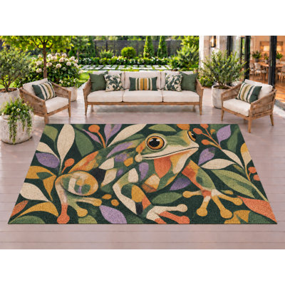 Tapis d'extérieur de 5 pi x 7 pi à motif de grenouilles en PVC à feuilles abstraites, tapis de patio robuste et tapis d'extérieur à séchage rapide