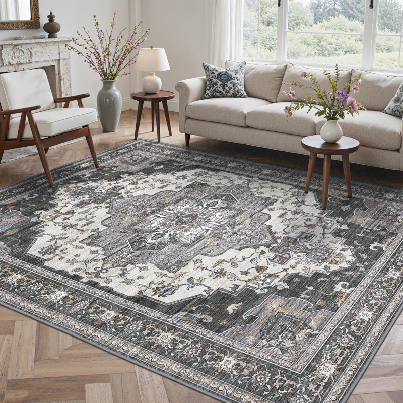 Tapis oriental gris foncé neutre lavable à la machine Oriental, Rectangle 5 pi x 7 pi