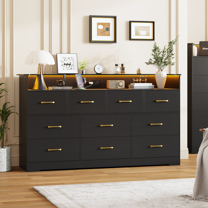 10 Drawer Dresser for Bedroom - 65" Wide Chest of Drawers with Large Storage Space and Charging Station, Modern TV Stand Organizer Cabinet with Open Shelf Table for Living Room,  Hallway, Black