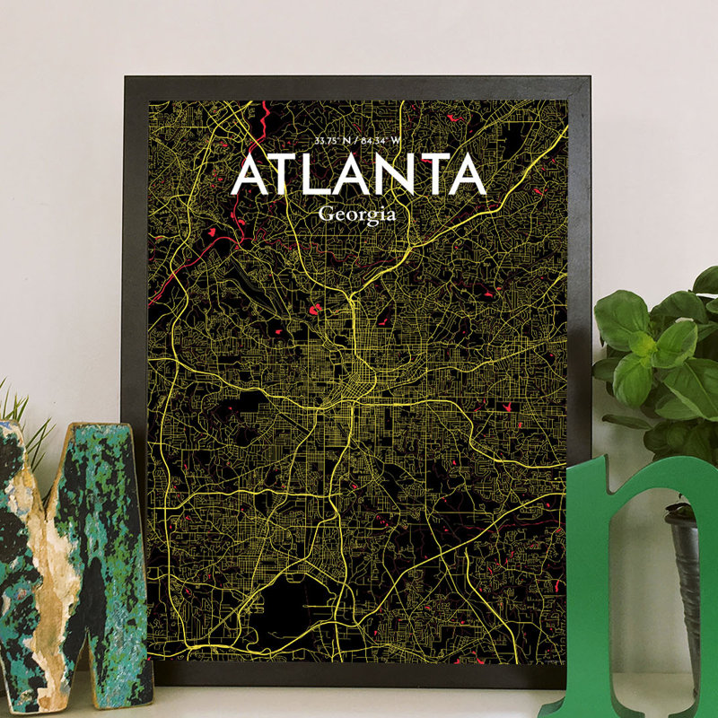 « atlanta city map », reproduction d’impression sur affiche en contraste, H 20 po x l 16 po x P 0,05 po
