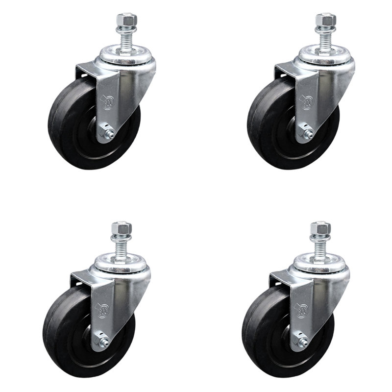 4 Inch SS Soft Rubber Wheel Swivel 10mm Threaded Stem Caster Set SCC