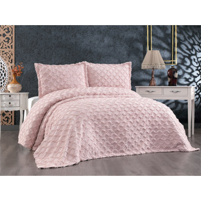Elegant Chenille Double Bedspread Set, Powder Colour, 94.5 x 102.4 inches | 100% Soft Chenille Fabric, 450 GSM | Includes 2 Pillowcases (23.6 x 31.5 inches), Machine Washable | Perfect for Cozy Bedrooms & Stylish Decor