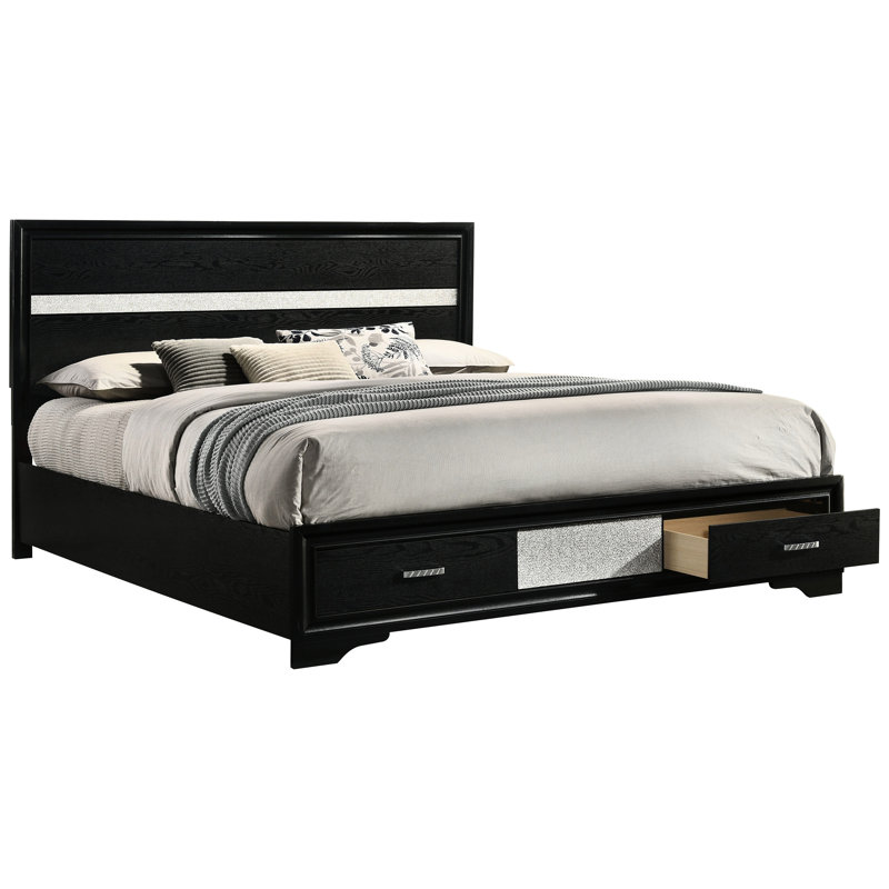 Black King Storage Bed, Slatted Headboard, Fully Platform, Glitter Trim, Beveled Framing Panel Integrated Drawers, No Foundation Required, Trim