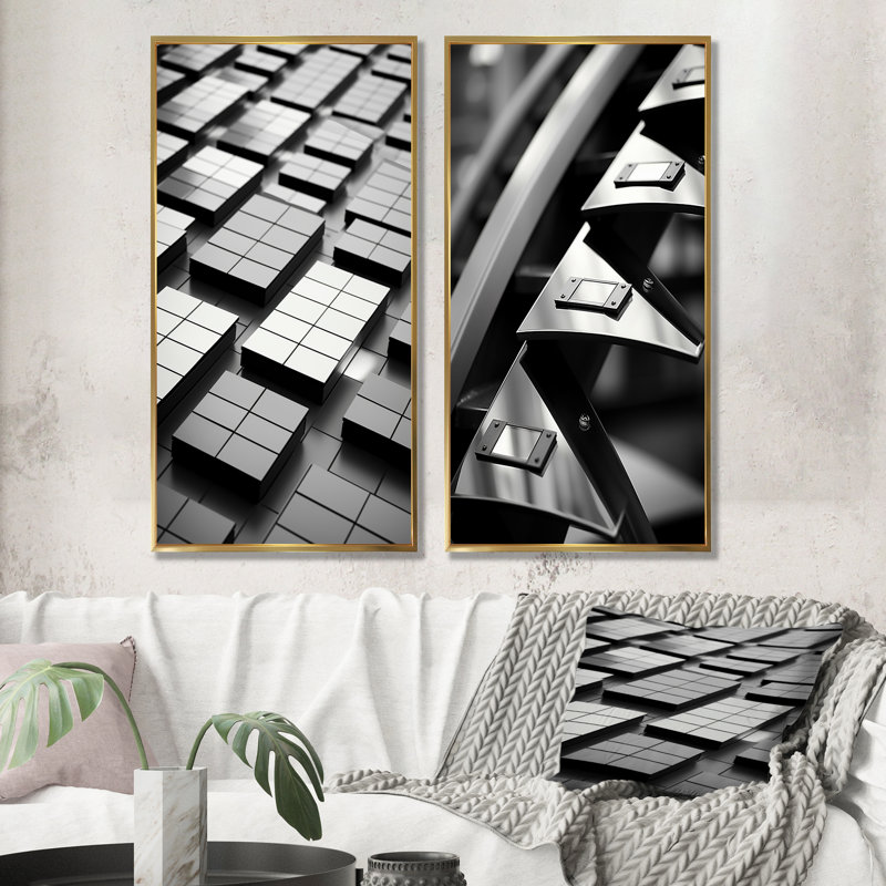 Panneaux de puissance abstraits noirs et blancs I - Ensemble de 2 reproductions d'art sur toile, Cadre flottant doré