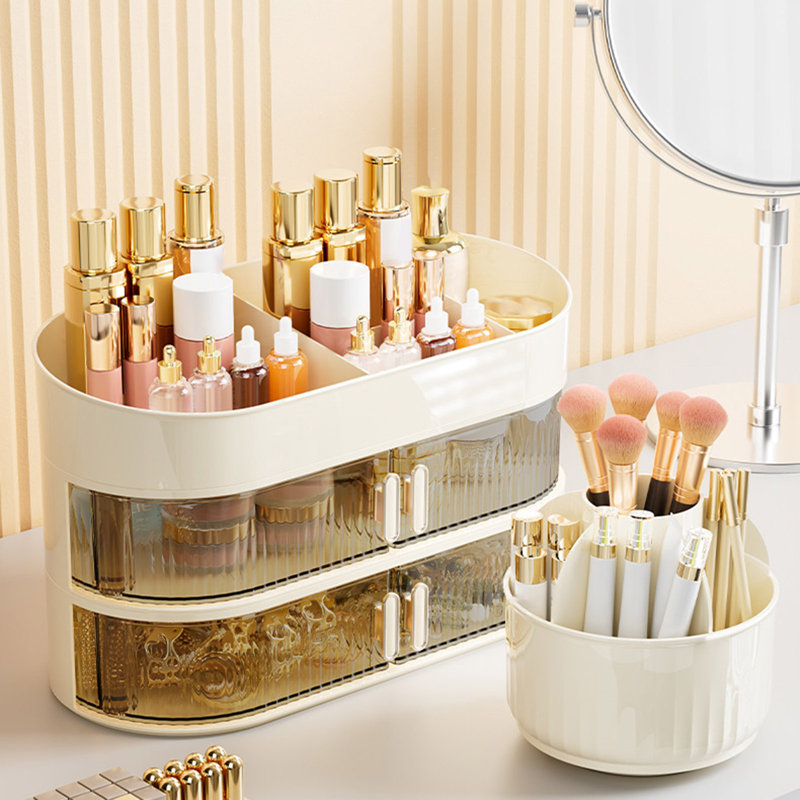 Makeup Organizer Storage Box Large Capacity Multiple Compartment Detachable Design 360-Degree Rotating Makeup Brush Holder