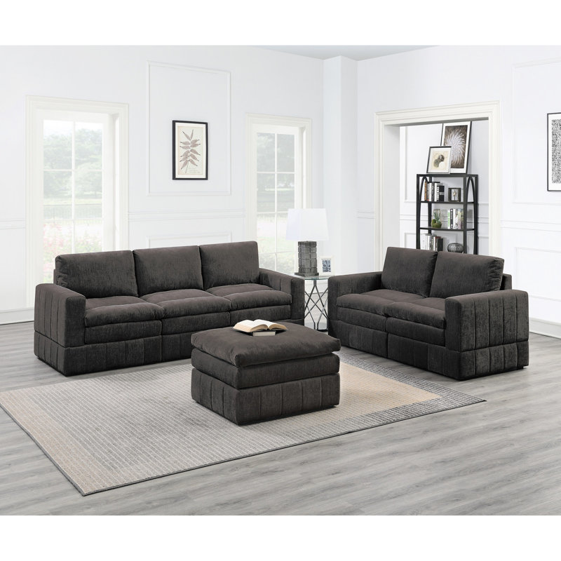Modern Living Room - Canapé modulaire en suède graphite 6 pièces avec coussin, Mélange de suède brun
