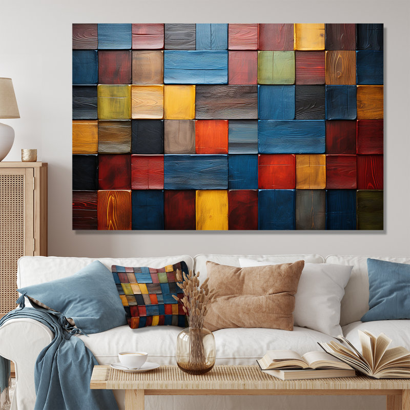 Carreaux colorés de couleurs terre V - art mural mosaïque Boho pour le salon, Toile tendue, H 40 po x l 60 po x P 1,5 po