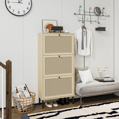 Rattan 3 Door Shoe Rack, Freestanding Modern Shoe Storage Cabinet, For Entryway (Cabinet)
