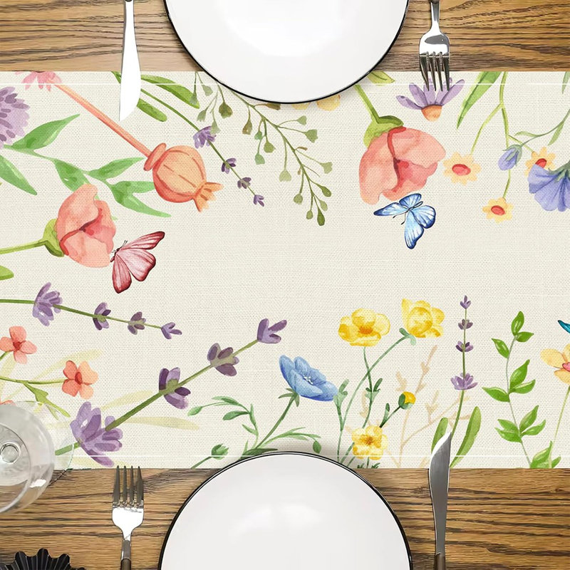 Chemin de table floral et papillon - multicolore - motif printemps / fleurs sauvages, décoration lavable pour la salle à manger et la maison