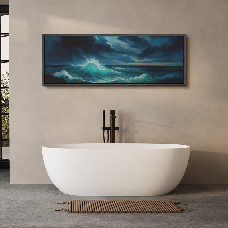 Large Framed Canvas Print Wall Art - Ocean Beach Sunset Landscape Print for Modern Home Decor, 20" H x 60" W, Black