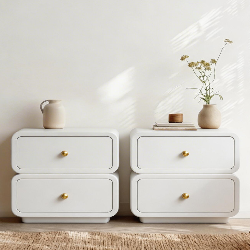 Ensemble de 2 tables de chevet blanches, table de chevet rotative en bois massif avec 2 tiroirs, table de chevet rembourrée en cuir moderne pour petits espaces, chambre à coucher