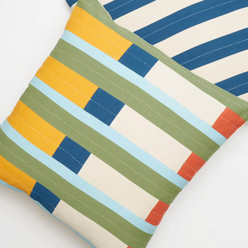 Square Pillow Cover & Insert, Green/White/Yellow, Striped