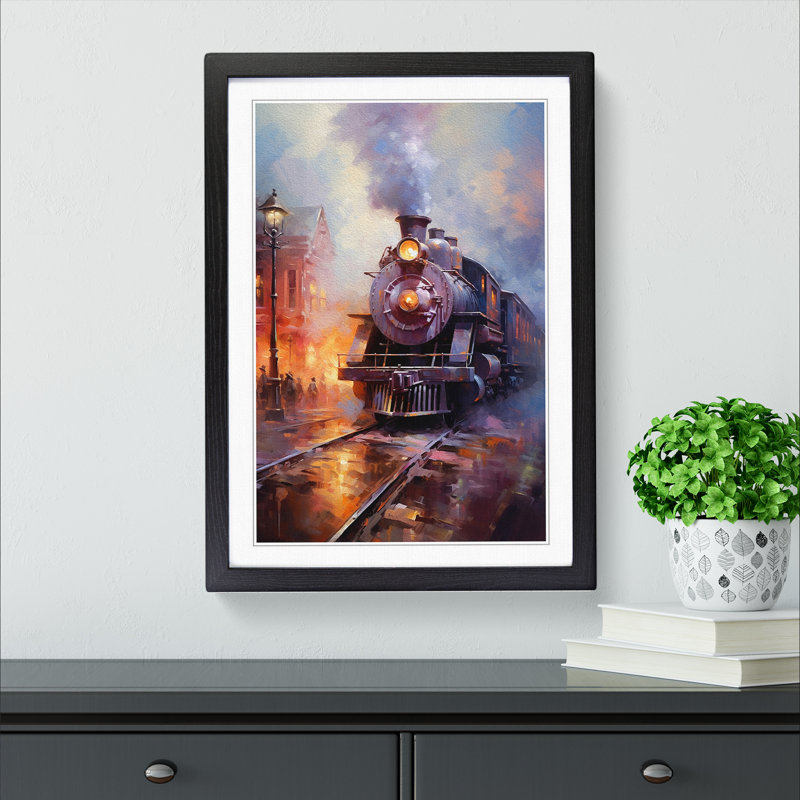 Train Impressionism - Single Picture Frame Print on Wood, 46cm H x 34cm W, Black Framed