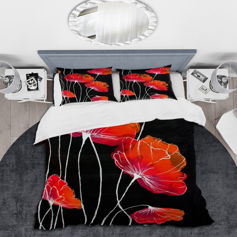 Abstrait fleur rouge sur fond noir II - ensemble de housse de couette traditionnel - microfibre de polyester