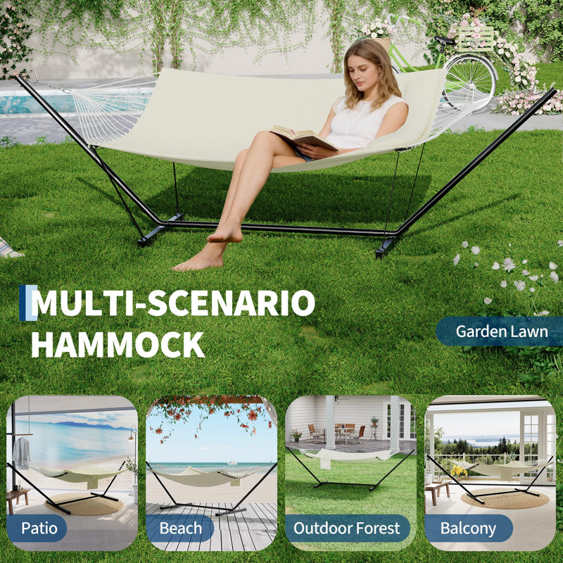 365cm 2 Person Freestanding Double Hammock with Stand, Dark Grey Outdoor Hammock Equipped with Pillow & Balance Rope, 204kg Load Capacity for Patio Backyard Poolside