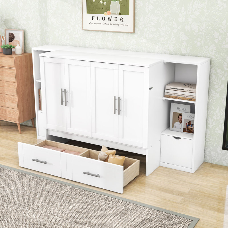 Lit escamotable avec ports USB intégrés et peu encombrant, Blanc, Grand lit