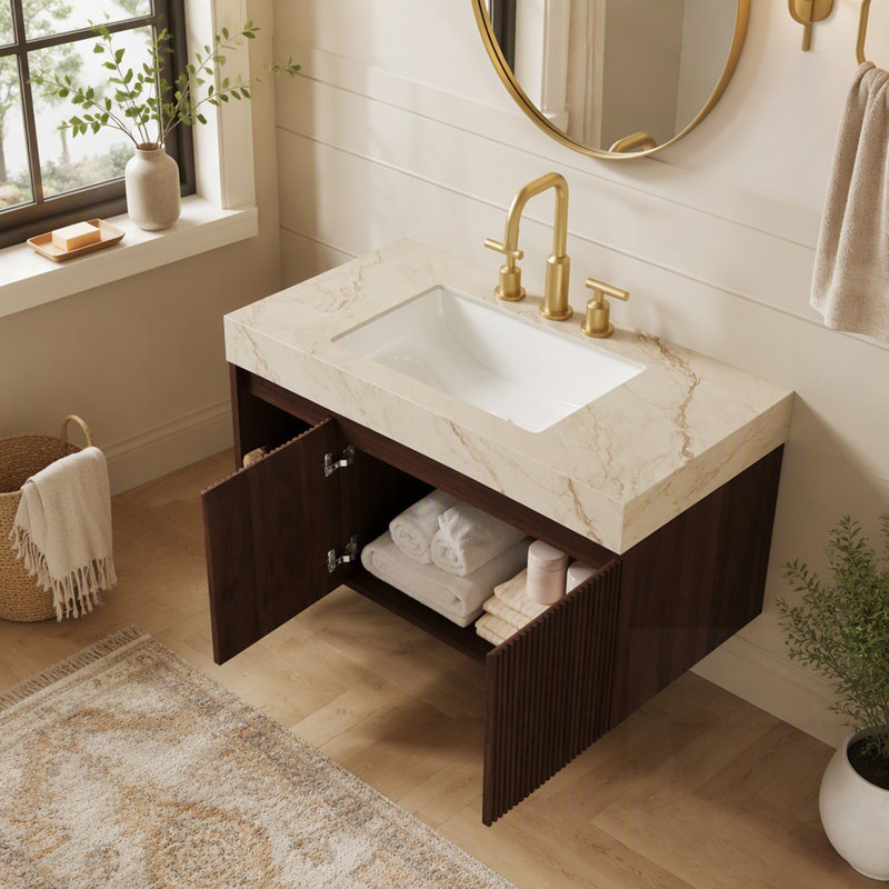 Meuble-lavabo avec lavabo, armoire de rangement suspendue, comptoir en pierre frittée veinée, lavabo en céramique, 3 trous pré-percés pour robinetterie
