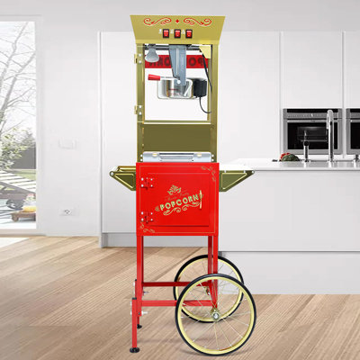 Machine à maïs soufflé 340 g avec chariot - 60,5 x 42,5 x 137,5 cm - Acier inoxydable - 1 pièce - Rouge - Cuve en acier inoxydable avec commande à 3 interrupteurs