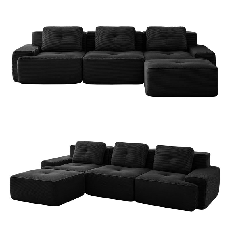 Canapé modulaire en forme de L de 117 po avec repose-pieds mobile, canapé 3 places en velours côtelé de qualité supérieure avec assise profonde, conception capitonnée et base antidérapante sans assemblage
