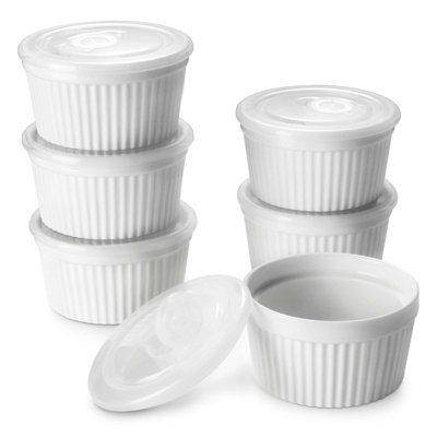 White Ribbed Porcelain Ramekins with Lids, Set of 6