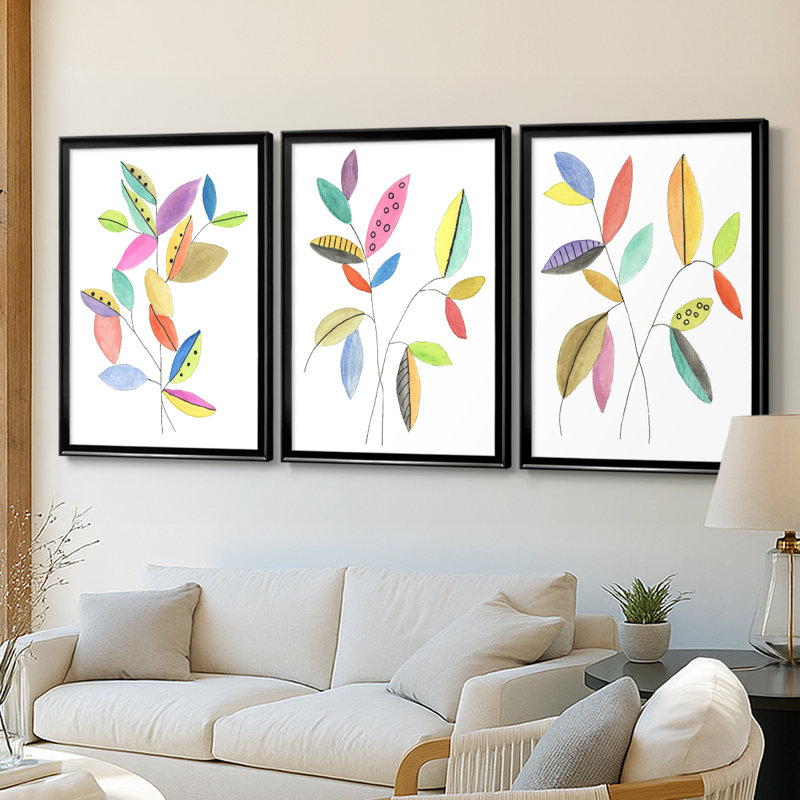 Color Pop Leaves II - Toile tendue avec châssis sur mesure - 3 pièces, Noir, noir, noir, noir, H 30 po x l 63 po