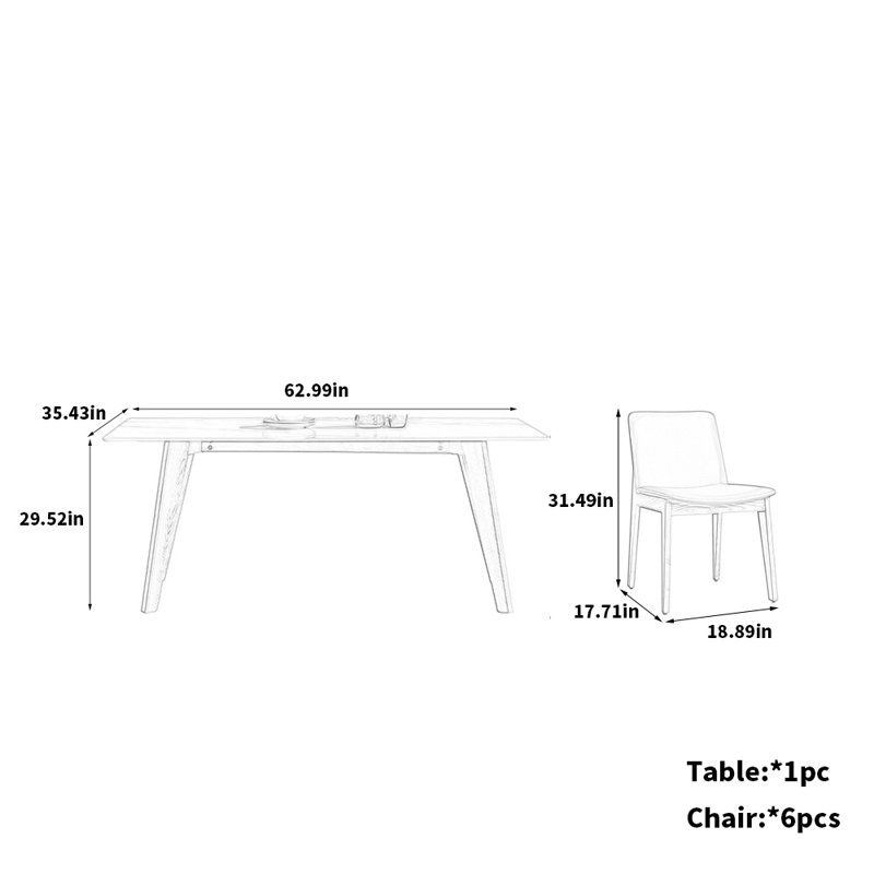 Table de salle à manger en pierre frittée avec chaises en frêne, H 29,52 po x L 62,99 po x l 35,43 po
