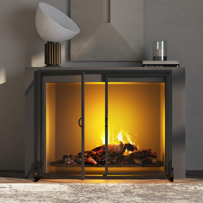 Stylish Black Alloy Steel Fireplace Screen With Double Doors – Safe And Functional Home Decor