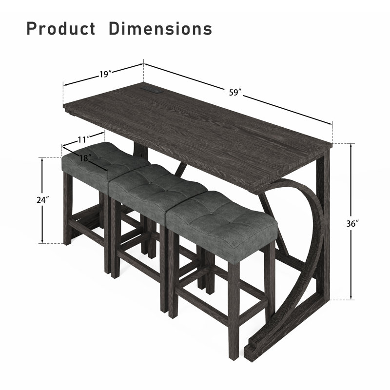 Demicah 4-Piece Counter Height Bar Table Set with Socket and 3 Fabric Padded Bar Stools, Tall Kitchen Breakfast Dining Table Set with Stools