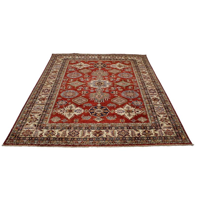 Tapis tribal Kazak 6 x 8 rouge et ivoire