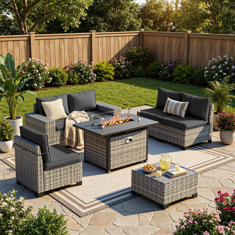 Ensemble modulaire de patio en osier 7 pièces avec table de foyer et ensemble de conversation extérieur rembourré en PEHD 7 pièces