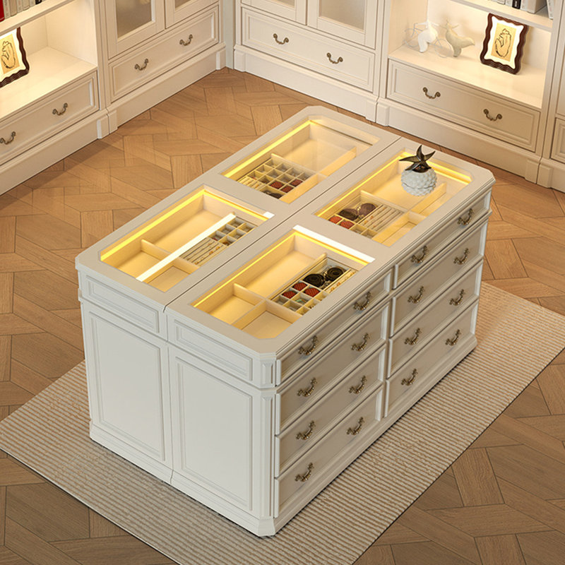 Armoire de rangement en bois ivoire avec bijoux en bois manufacturé et compartiments de style tiroir