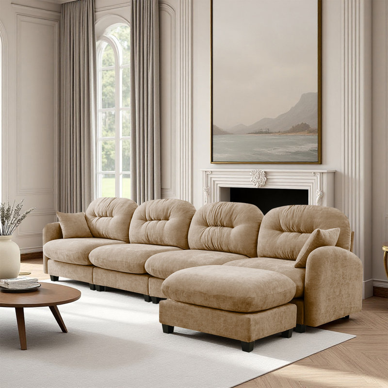 Canapé modulaire en L avec repose-pieds et canapé en chenille, Chenille chameau