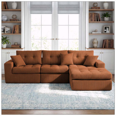 Corduroy Corner Chaise Compression Sofa Bed, L-Shaped Sectional Couch with High-Density Sponge