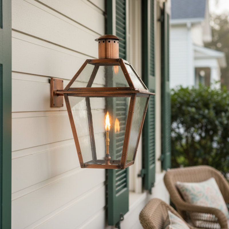 Bourbon Street Style 19-Inch Standard Bracket Gas Copper Lantern | Handcrafted Louisiana Outdoor Wall Light | Flambeaux Lighting