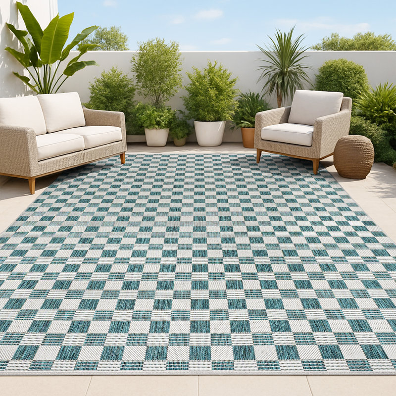 Aimee Traditional Cottage Checkerboard Turquoise/Cream Indoor/Outdoor Rug, Runner 2' x 7'10"