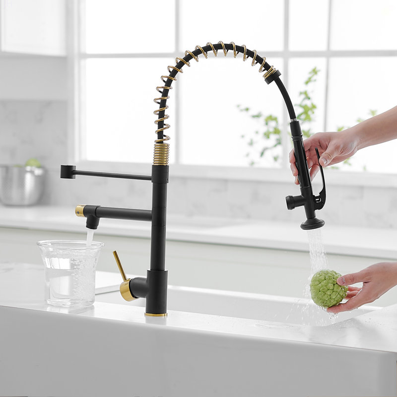 Commercial Kitchen Faucet With Pull Down Sprayer, Single Handle Single Lever Kitchen Sink Faucet, Black/Gold