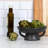 Stoneware Bowl With Handle And Base,  Reactive Glaze