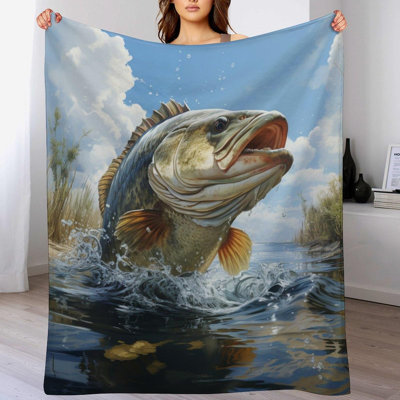 Bass Fish Throw Blanket for Adults Soft Warm Cozy Funny Midweight Food Flannel Blankets for Couch Sofa Bed Camping Travel Home Decor, 40 x 50 in