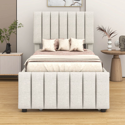 Lit simple avec lit gigogne escamotable et 3 tiroirs de rangement en dessous, lit plateforme simple tapissier en lin