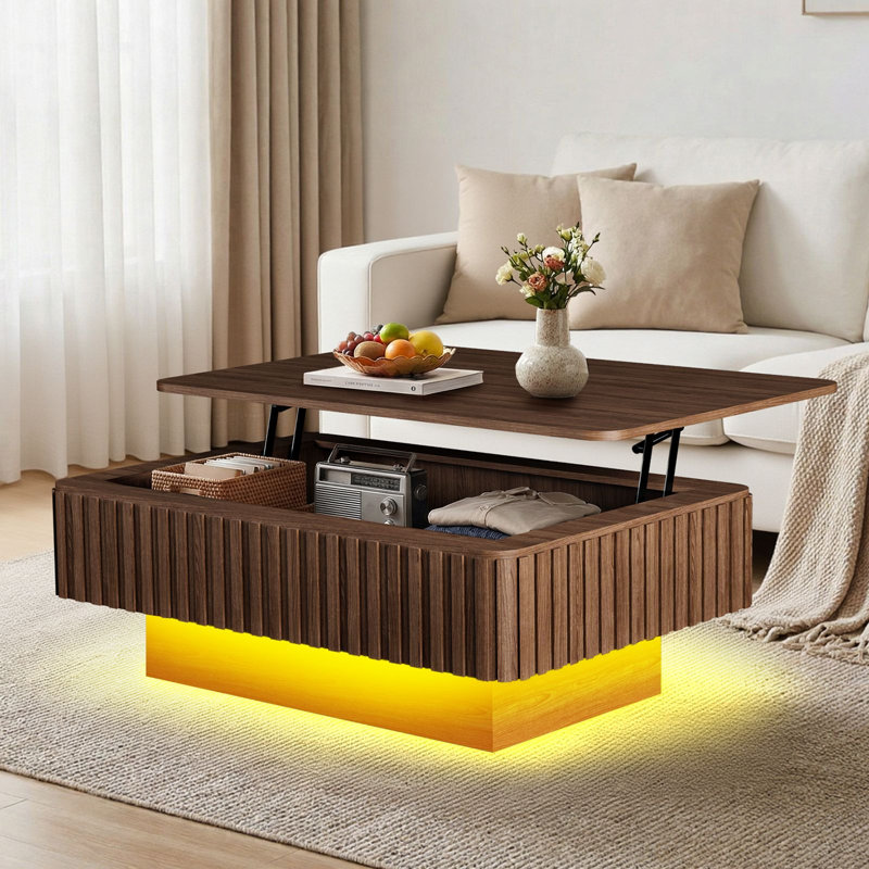 Table basse à plateau relevable, table basse cannelée avec lumières RVB et prise de courant USB, tables de salle à manger en bois avec rangement caché pour le salon, le bureau, le rectangle