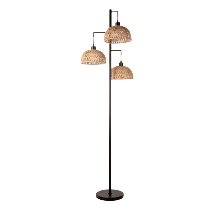 Lampe sur pied en rotin bohémien - Lampe sur pied réglable avec abat-jour rond en cage