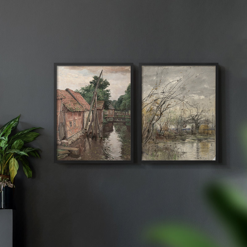 "Paysage rétro", 2 pièces sur papier, H 14 po x l 22 po, Noir