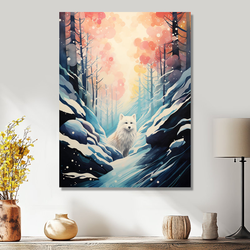 «White Wolf in Snowy Forest Sunset», reproduction d'art loup, Pas de métal encadré, H 32 po x l 24 po x P 1 po