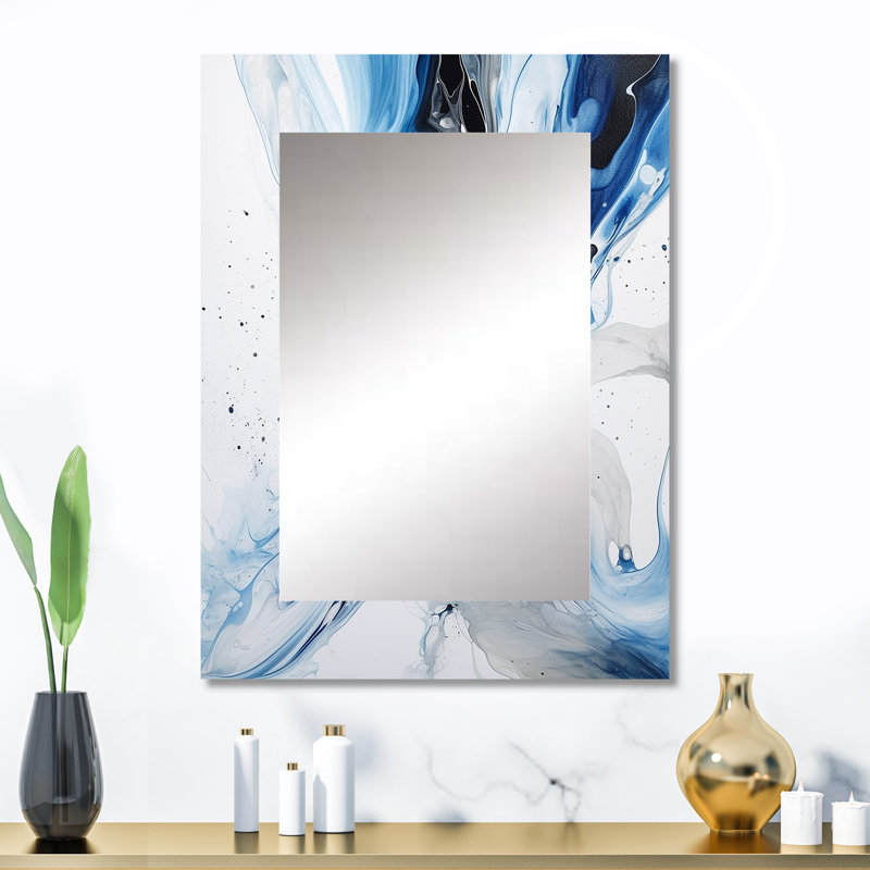 Bleu et gris Elixir I - miroir décoratif abstrait, miroir mural bleu, impression d'art en métal, 32 po x 24 po