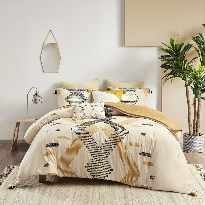 Édredon 3 pièces en coton avec imprimé géométrique jaune-gris et pampilles décoratives