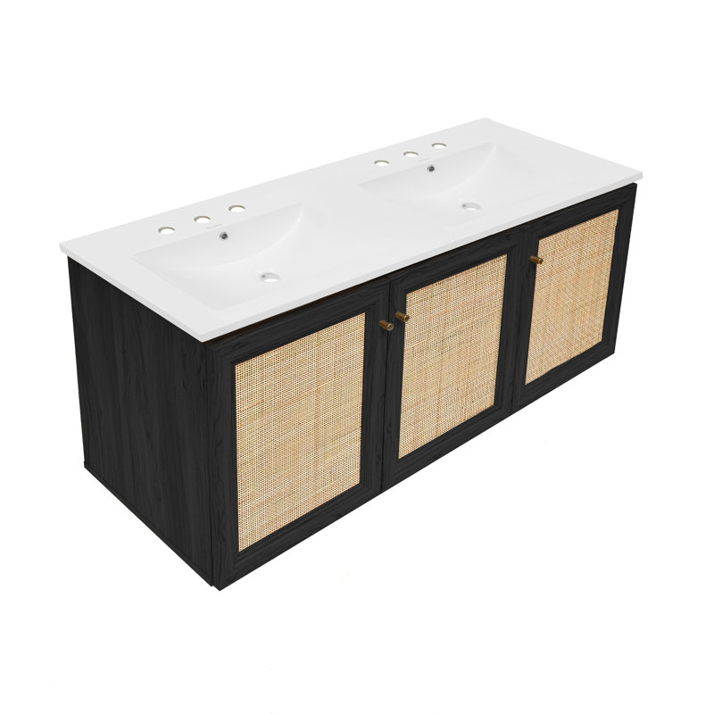 Ensemble de meuble-lavabo mural en chêne avec lavabo à double cuve Classe 48, Noir, noir, noir, noir, Blanc